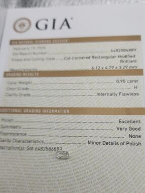 .90CT GIA Certified Diamond Cut Cornered Ractangular H Color Flawless Clarity
